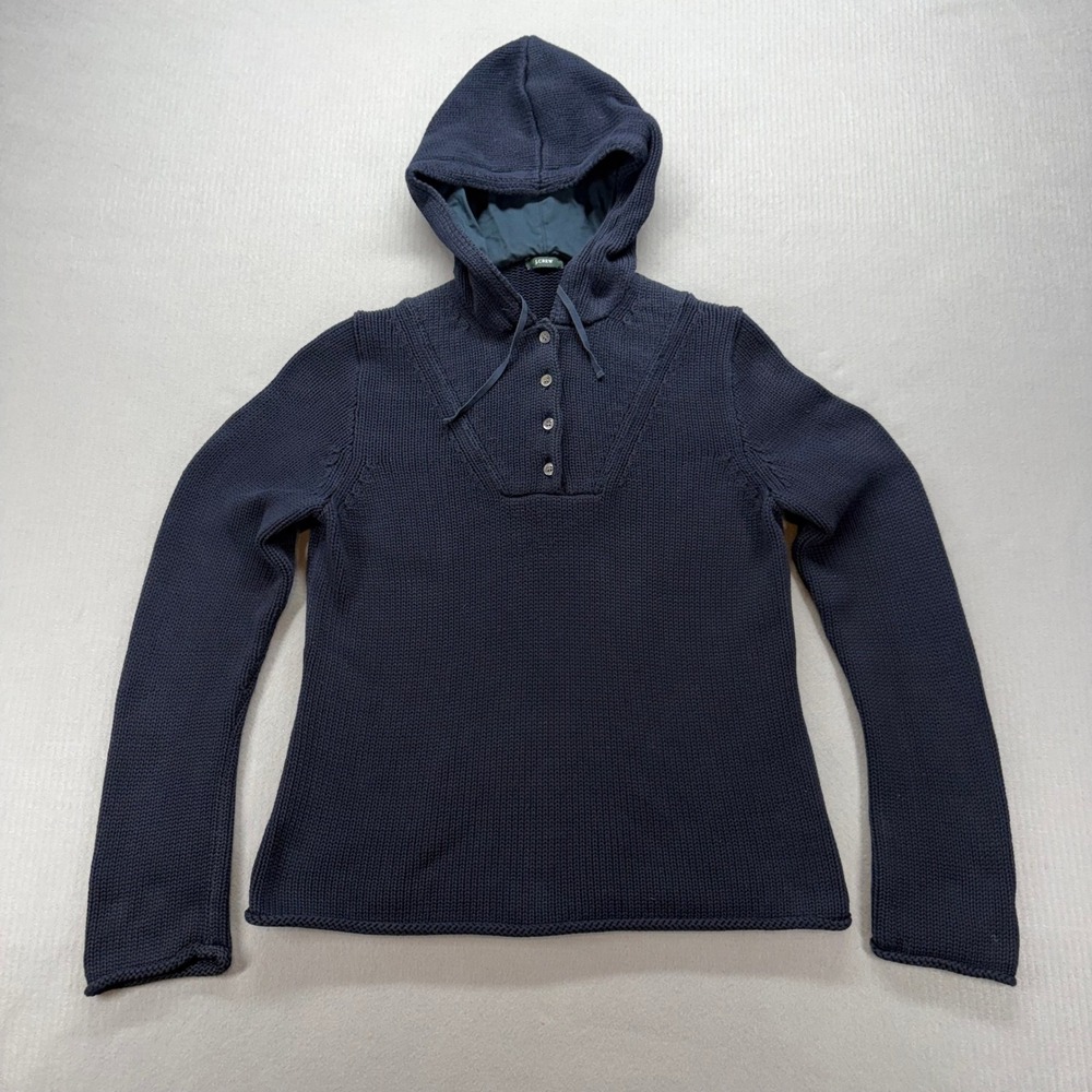 J.Crew Knit Hoodie Sweater Womens M Navy Blue Button Placket 62250